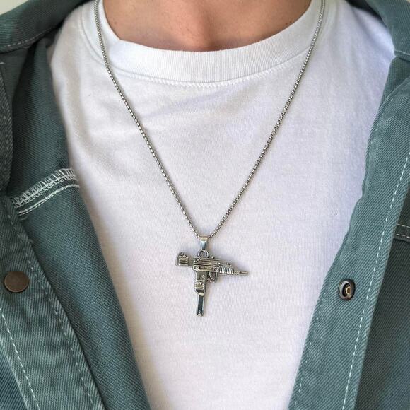 Y2K Silver Stainless Steel Uzi Necklace Urban Pendant Unisex Streetwear New - Picture 2 of 10